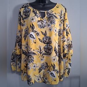 C. Est 1946 Women's Shirt 18/20W Yellow Floral Keyhole Tunic Top Flowing Bright